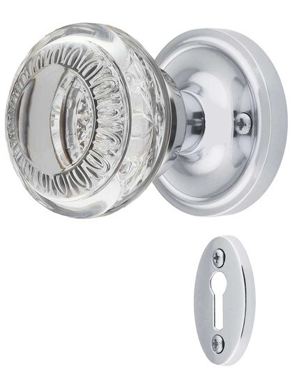 Classic Rosette Mortise-Lock Set with Ovolo Crystal-Glass Knobs and Keyhole in Polished Chrome.